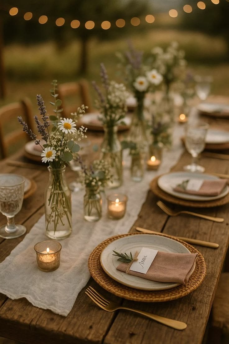 Outdoor buffet under string lights